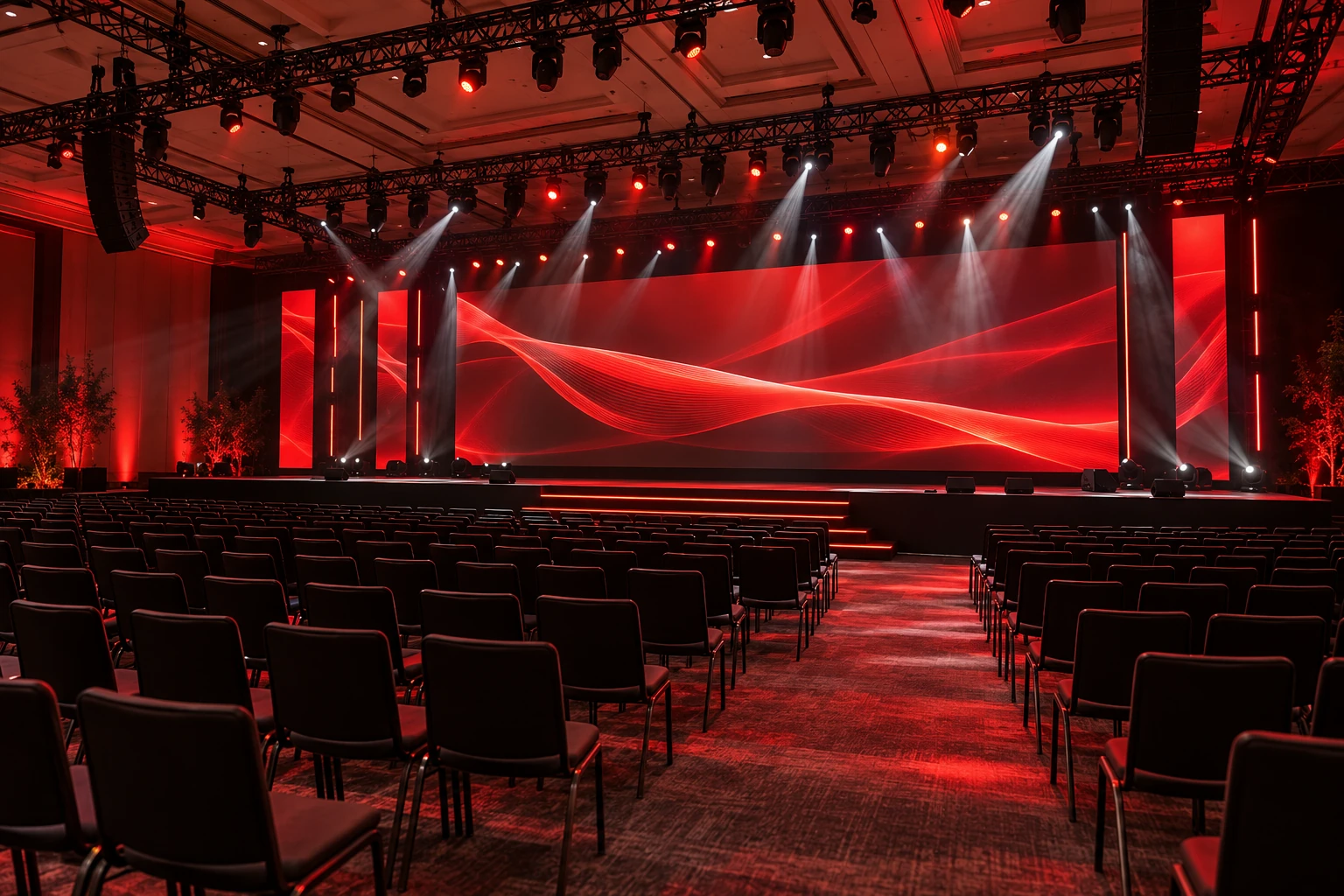 Imagem conceitual de palco corporativo com painéis de LED e iluminação vermelha